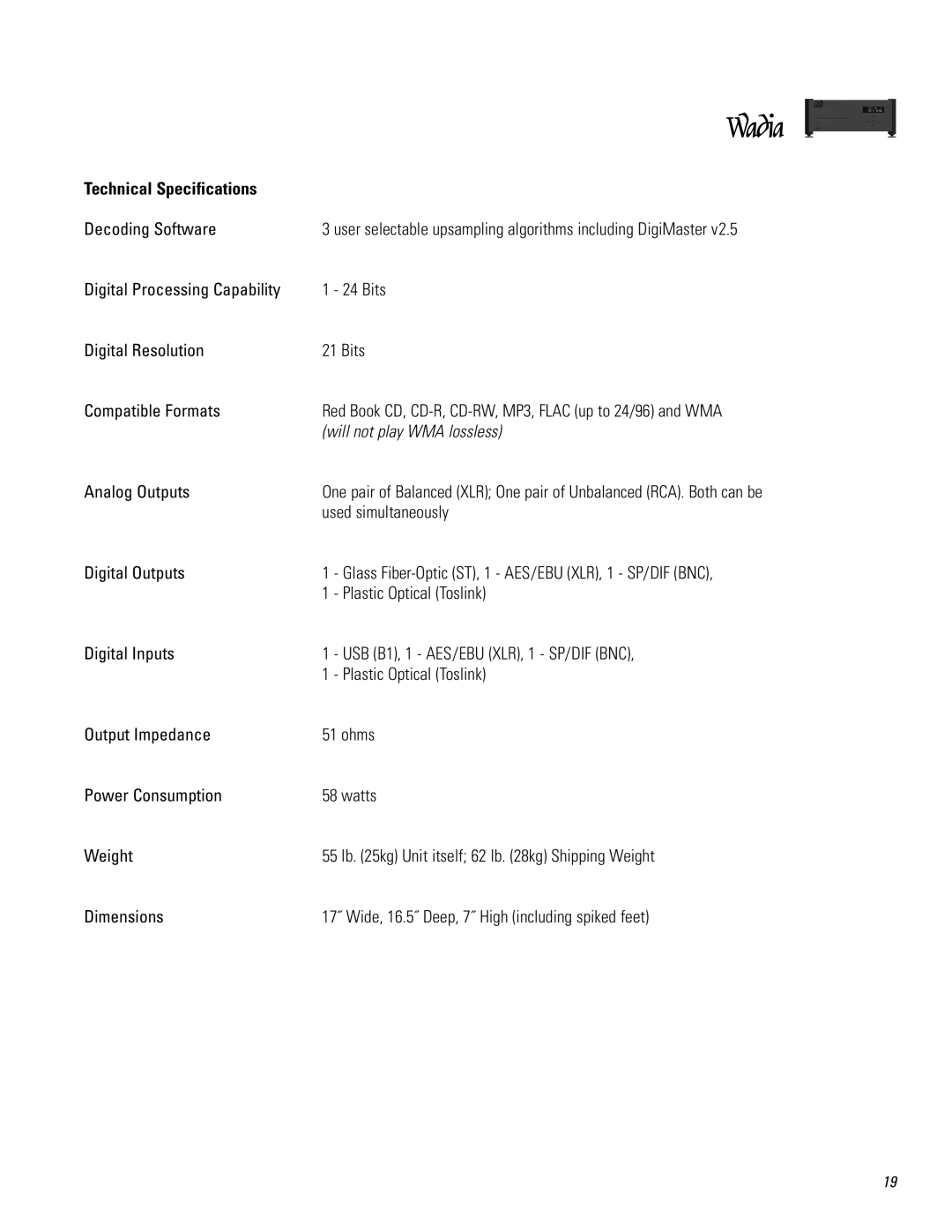 Wadia Digital S7I operation manual Technical Specifications 