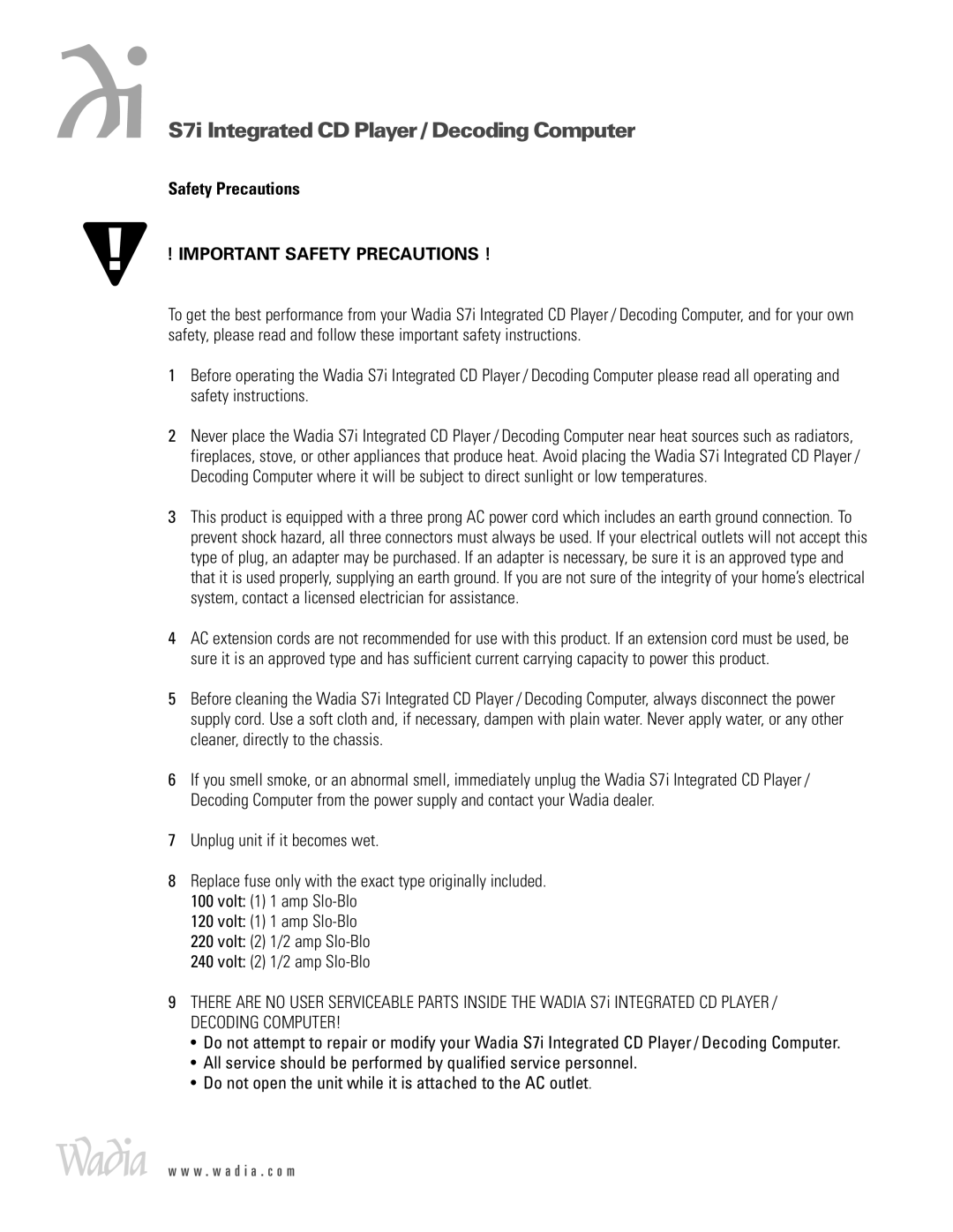 Wadia Digital S7I operation manual Important Safety Precautions 