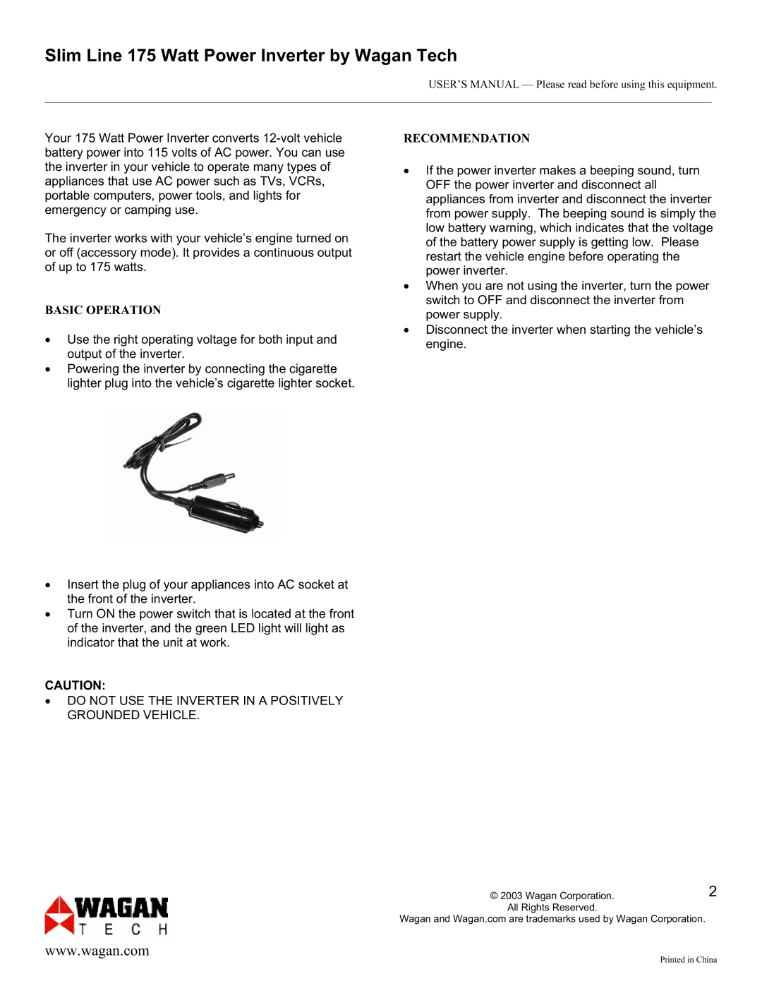 Wagan 175 Watt AC to DC Power Inverter user manual Basic Operation, Recommendation 