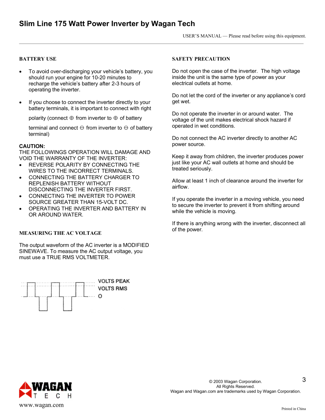 Wagan 175 Watt AC to DC Power Inverter user manual Battery USE, Measuring the AC Voltage, Safety Precaution 