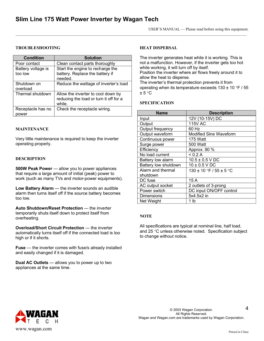 Wagan 175 Watt AC to DC Power Inverter user manual Troubleshooting, Maintenance, Description, Heat Dispersal, Specification 