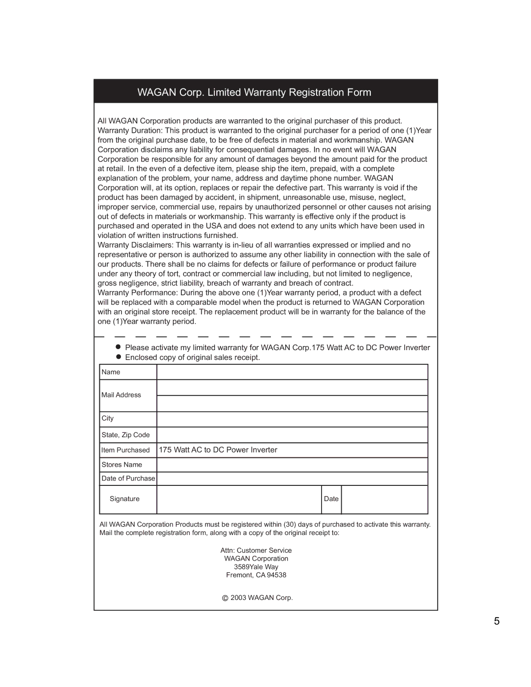 Wagan 175 Watt AC to DC Power Inverter user manual Wagan Corp. Limited Warranty Registration Form 