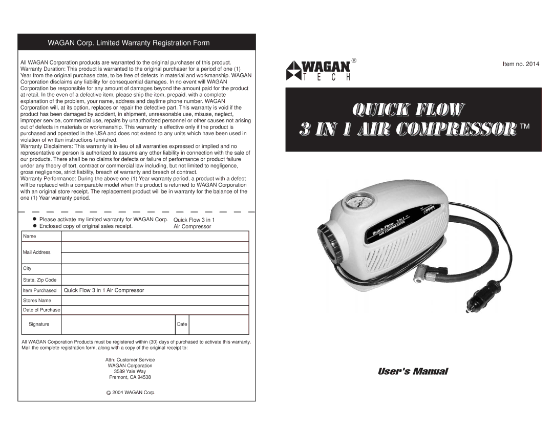 Wagan 2014 user manual Quick Flow 1 AIR Compressor TM 