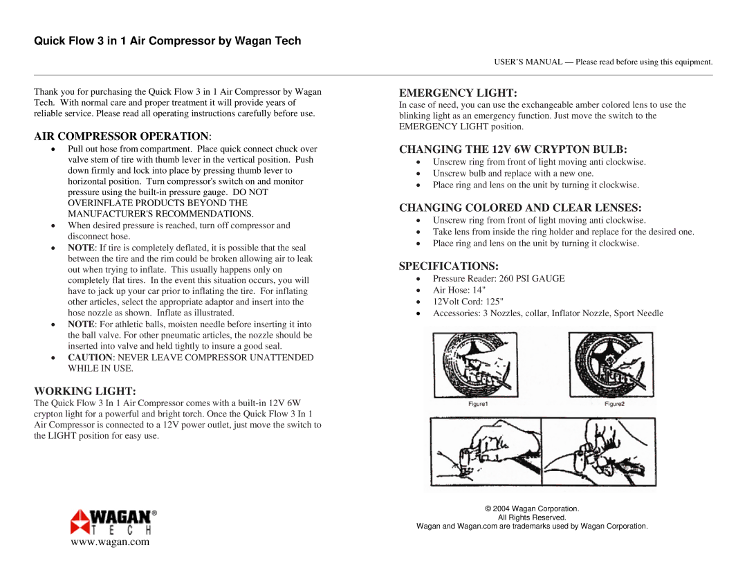 Wagan 2014 user manual Emergency Light, Changing the 12V 6W Crypton Bulb, Changing Colored and Clear Lenses, Specifications 