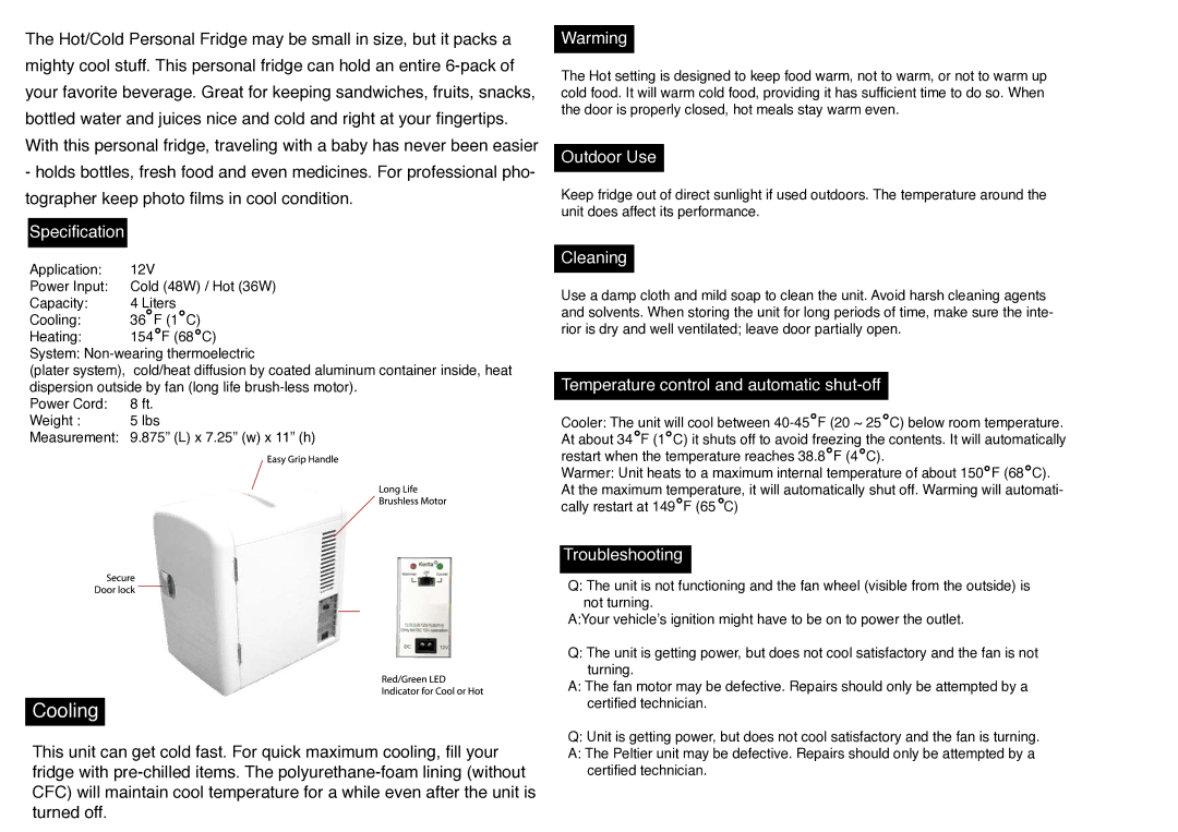 Wagan 2083 Specification, Warming, Outdoor Use, Cleaning, Temperature control and automatic shut-off, Troubleshooting 