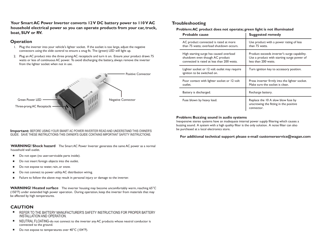 Wagan 2107 owner manual Operation, Troubleshooting, Problem Buzzing sound in audio systems 