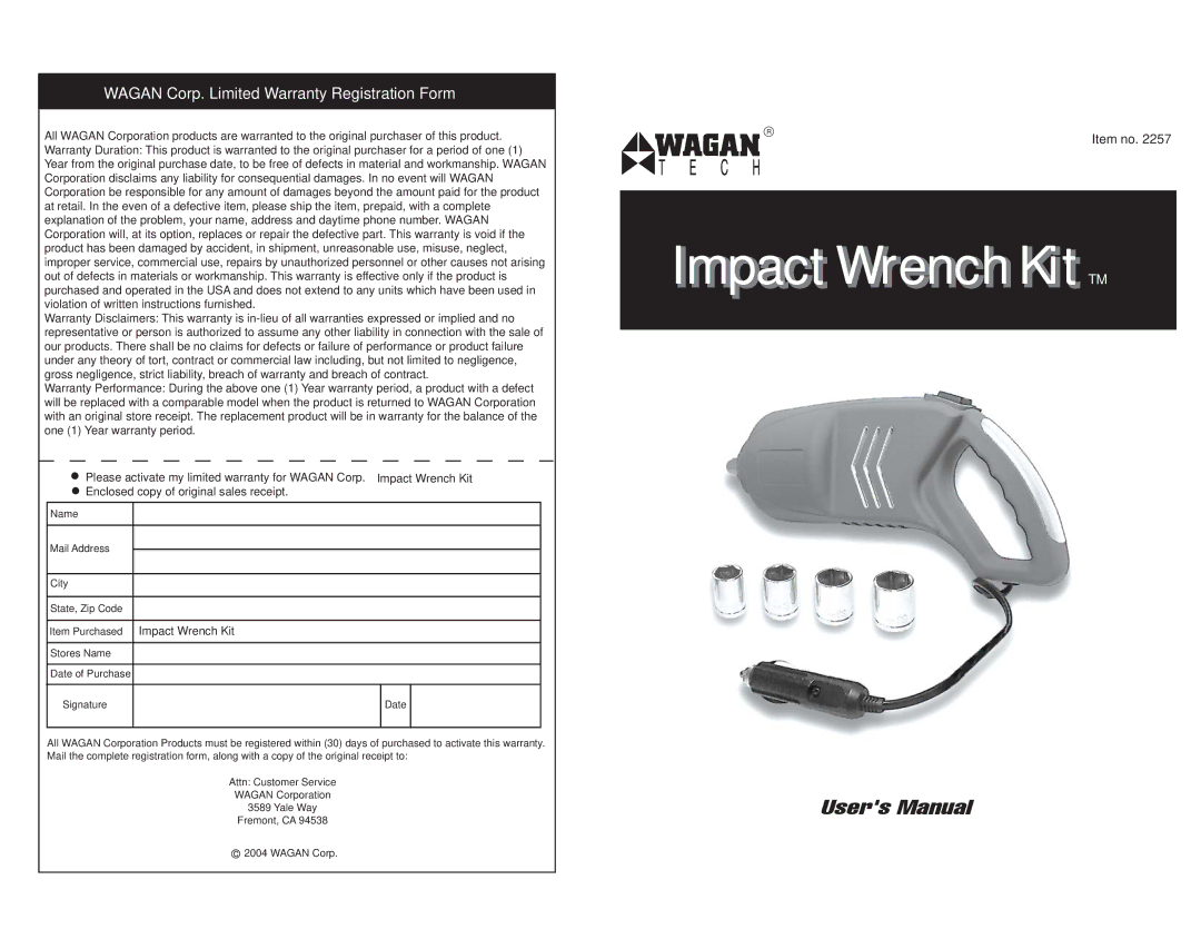 Wagan 2257 user manual Impact Wrench Kit TM 