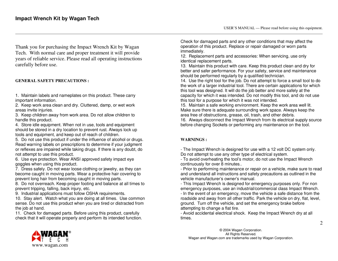 Wagan 2257 user manual Impact Wrench Kit by Wagan Tech, General Safety Precautions 