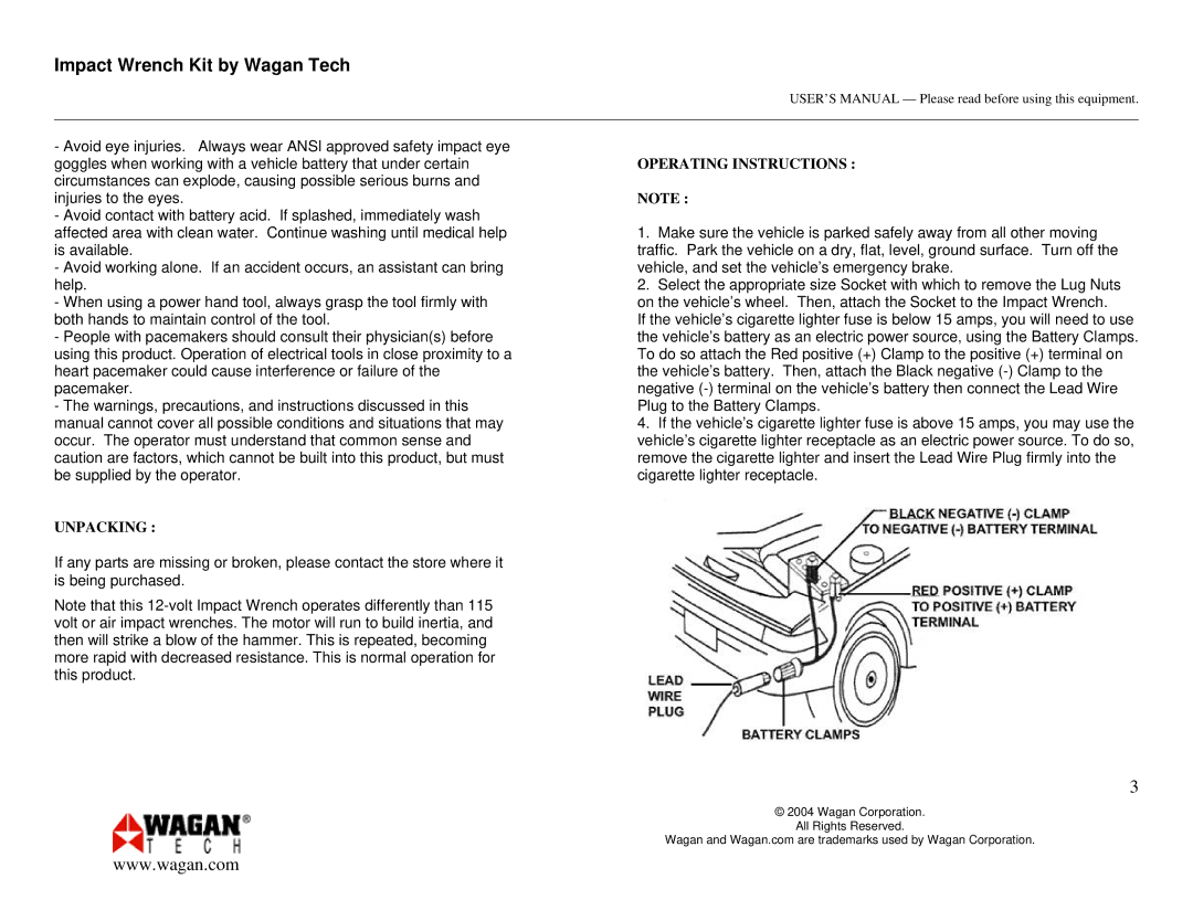 Wagan 2257 user manual Unpacking, Operating Instructions 