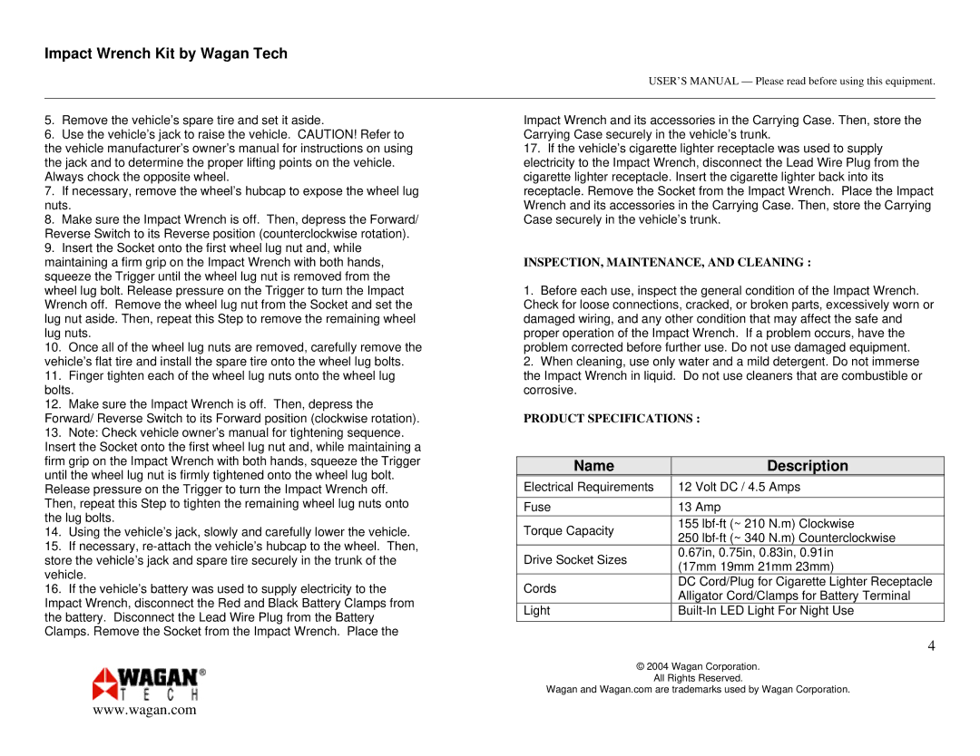 Wagan 2257 user manual Name, Description, INSPECTION, MAINTENANCE, and Cleaning, Product Specifications 