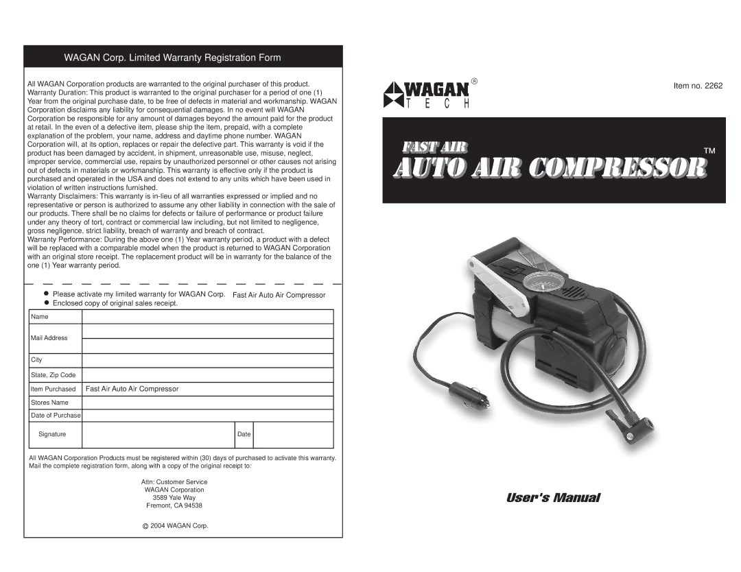 Wagan 2262 user manual Auto Air Compressor 