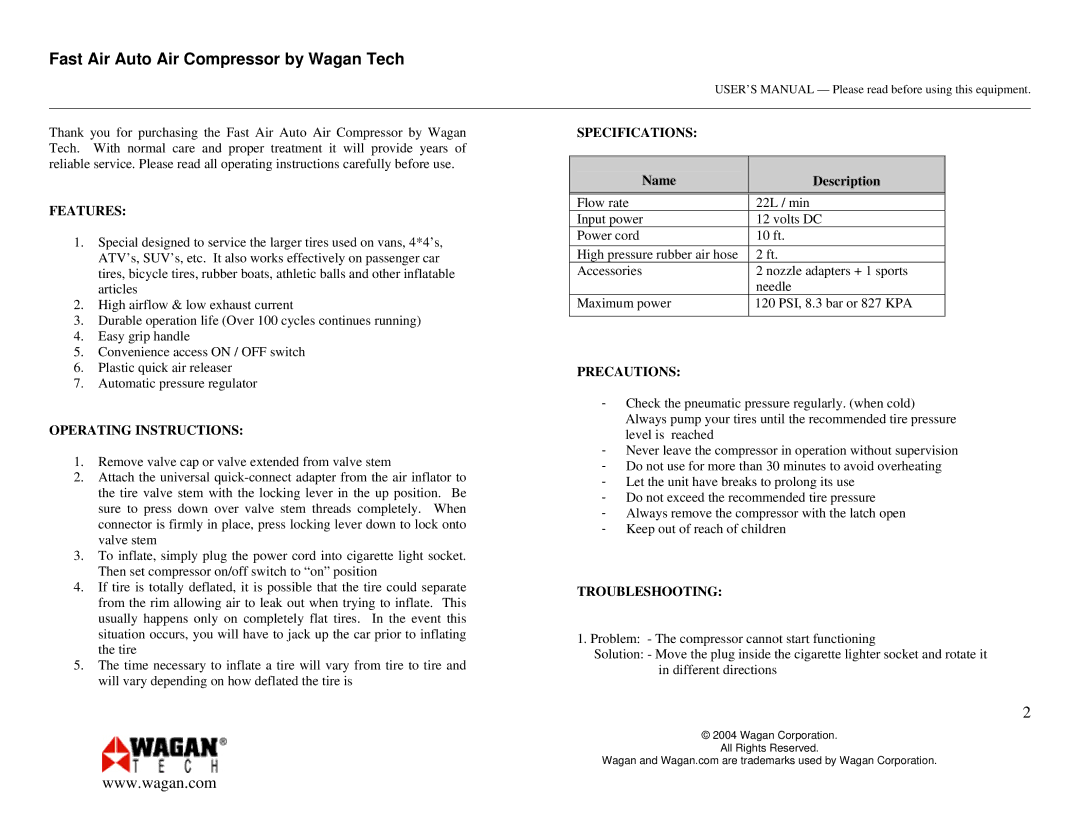 Wagan 2262 user manual Features, Operating Instructions, Specifications, Precautions, Troubleshooting 