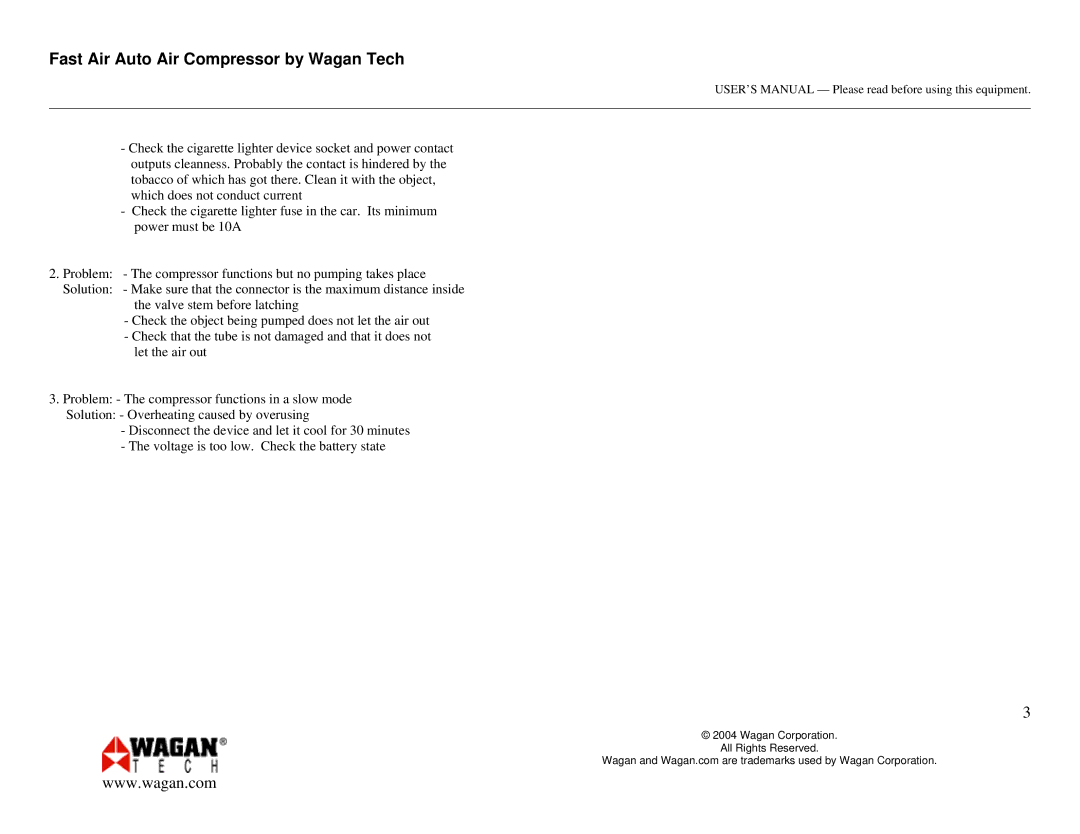 Wagan 2262 user manual Fast Air Auto Air Compressor by Wagan Tech 