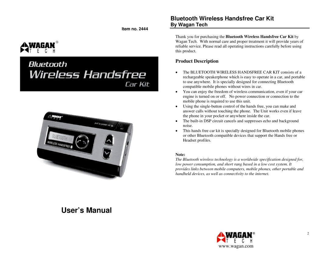 Wagan 2444 user manual Bluetooth Wireless Handsfree Car Kit, Product Description 