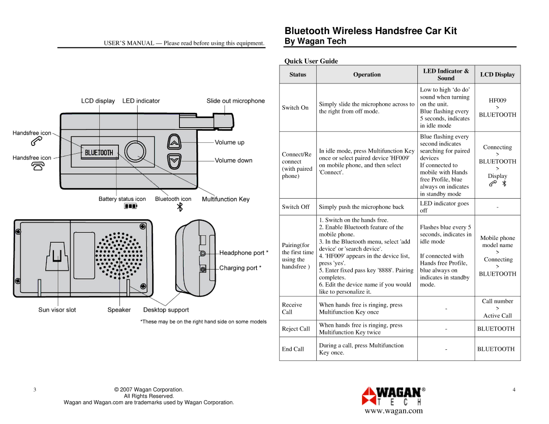 Wagan 2444 user manual Quick User Guide, Bluetooth 