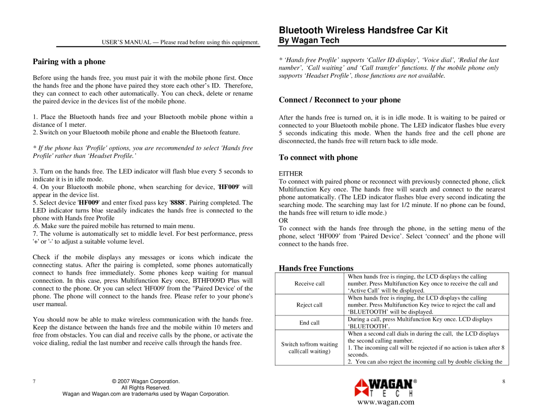 Wagan 2444 user manual Pairing with a phone, Connect / Reconnect to your phone, To connect with phone, Hands free Functions 