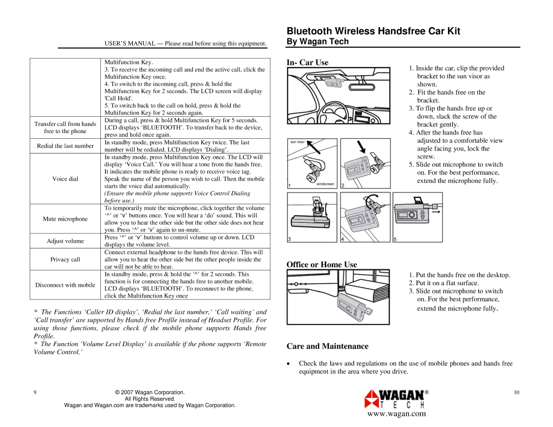 Wagan 2444 user manual In- Car Use, Office or Home Use, Care and Maintenance 