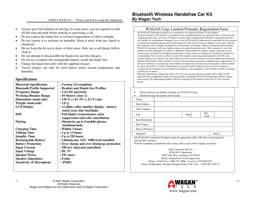 Wagan 2444 user manual Specification, Wagan Corp. Limited Warranty Registration Form 