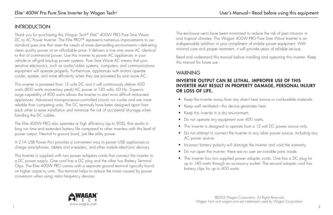 Wagan 2601 user manual Introduction 