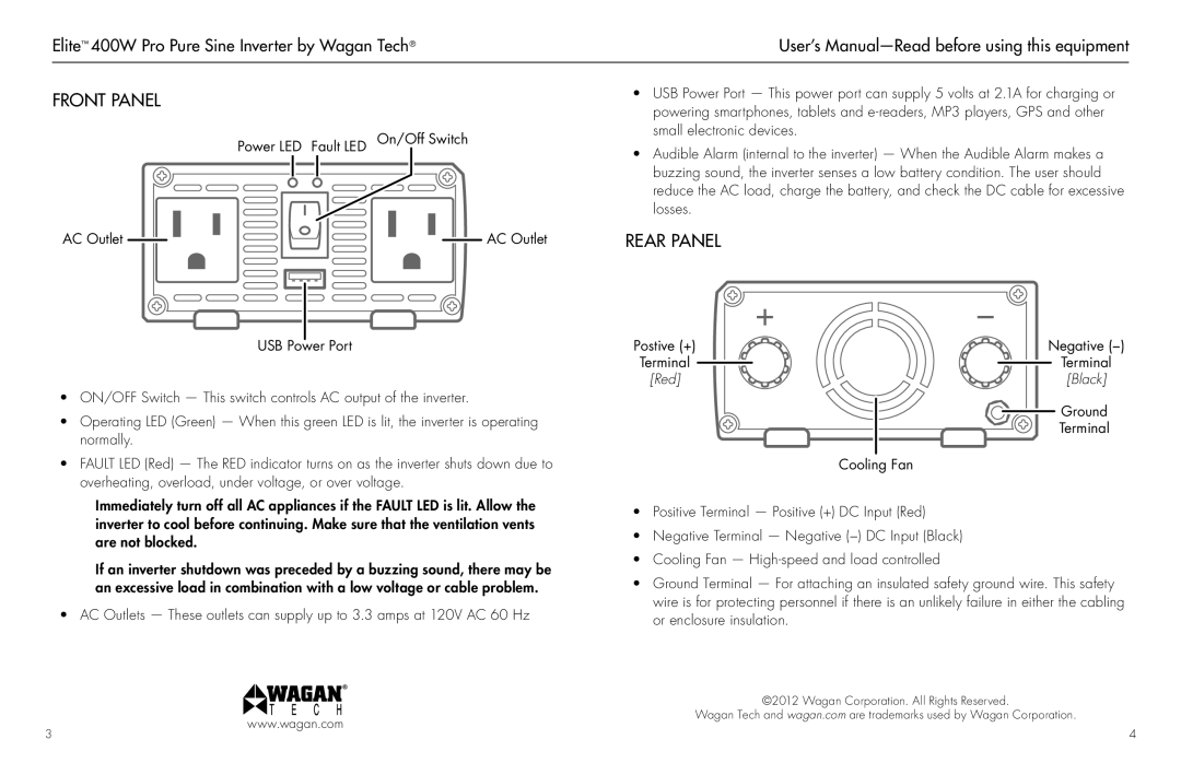 Wagan 2601 user manual Front Panel, Rear Panel 