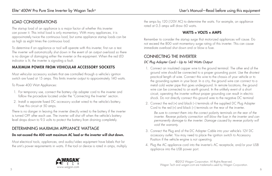 Wagan 2601 user manual Load Considerations, Determining Maximum Appliance Wattage, Connecting the Inverter 