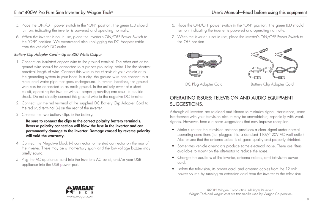 Wagan 2601 Operating Issues Television and Audio Equipment Suggestions, Battery Clip Adapter Cord Up to 400 Watts Output 