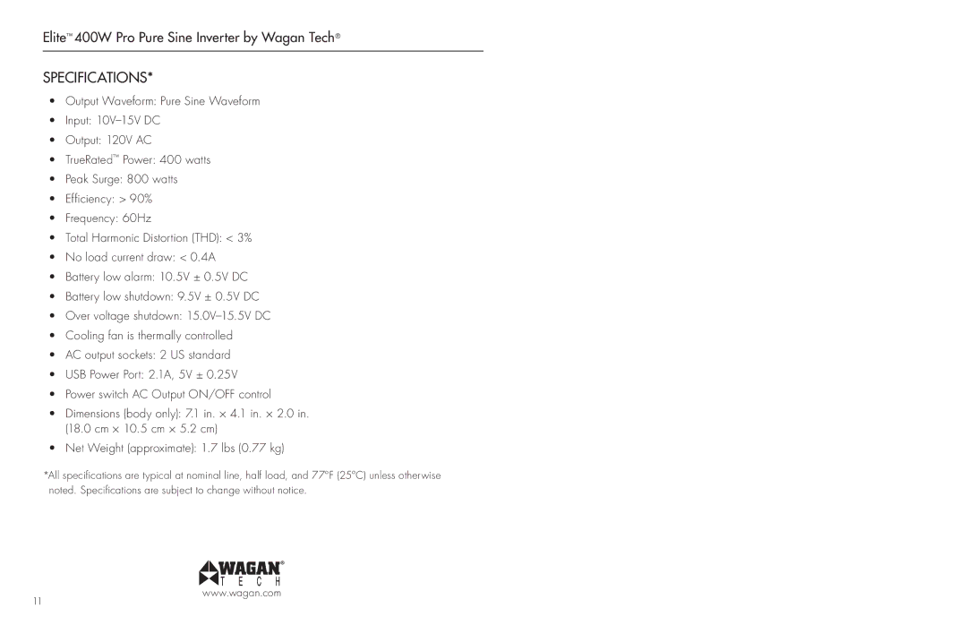 Wagan 2601 user manual Specifications 