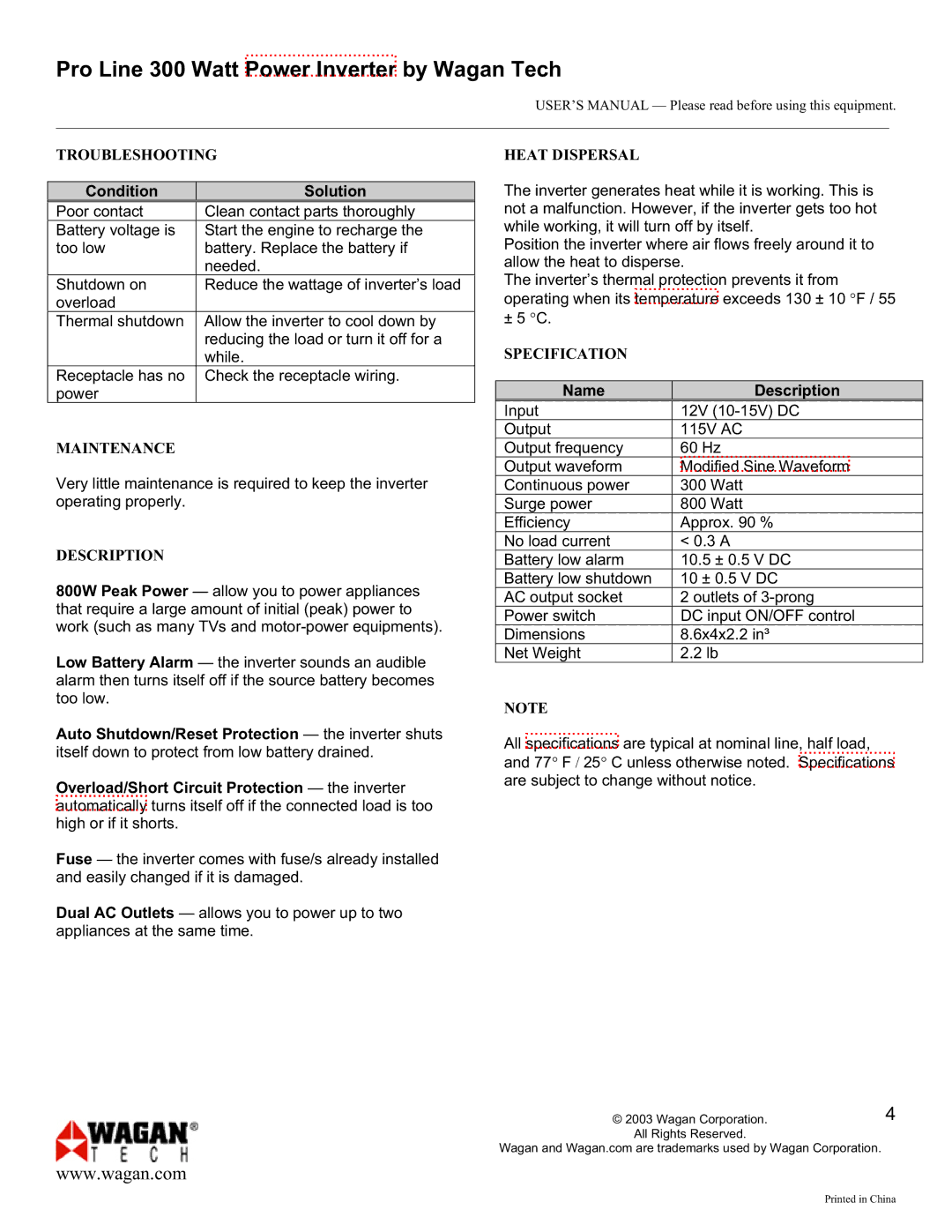 Wagan 300300300 user manual Troubleshooting, Maintenance, Description, Heat Dispersal, Specification 