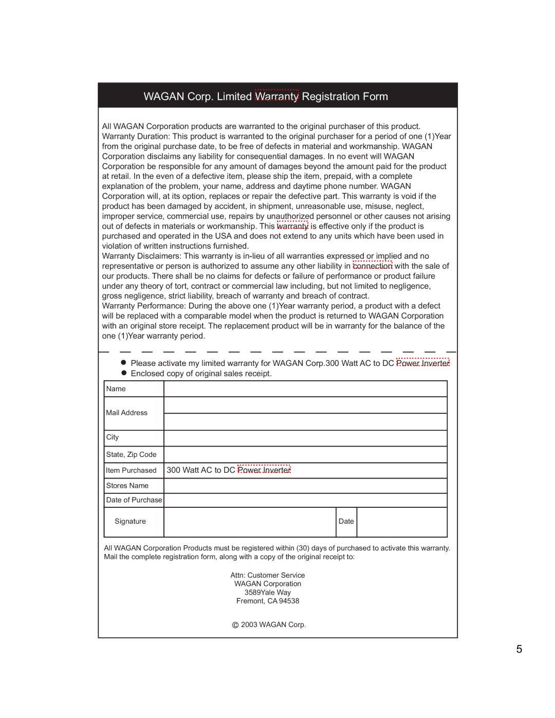 Wagan 300300300 user manual Wagan Corp. Limited Warranty Registration Form 