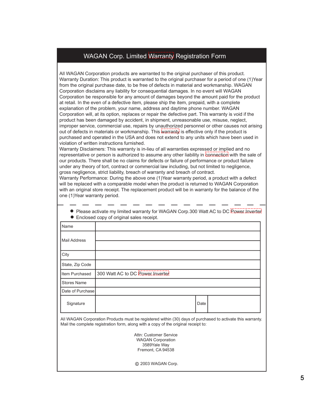 Wagan 300300300 user manual WAGAN Corp. Limited Warranty Registration Form 