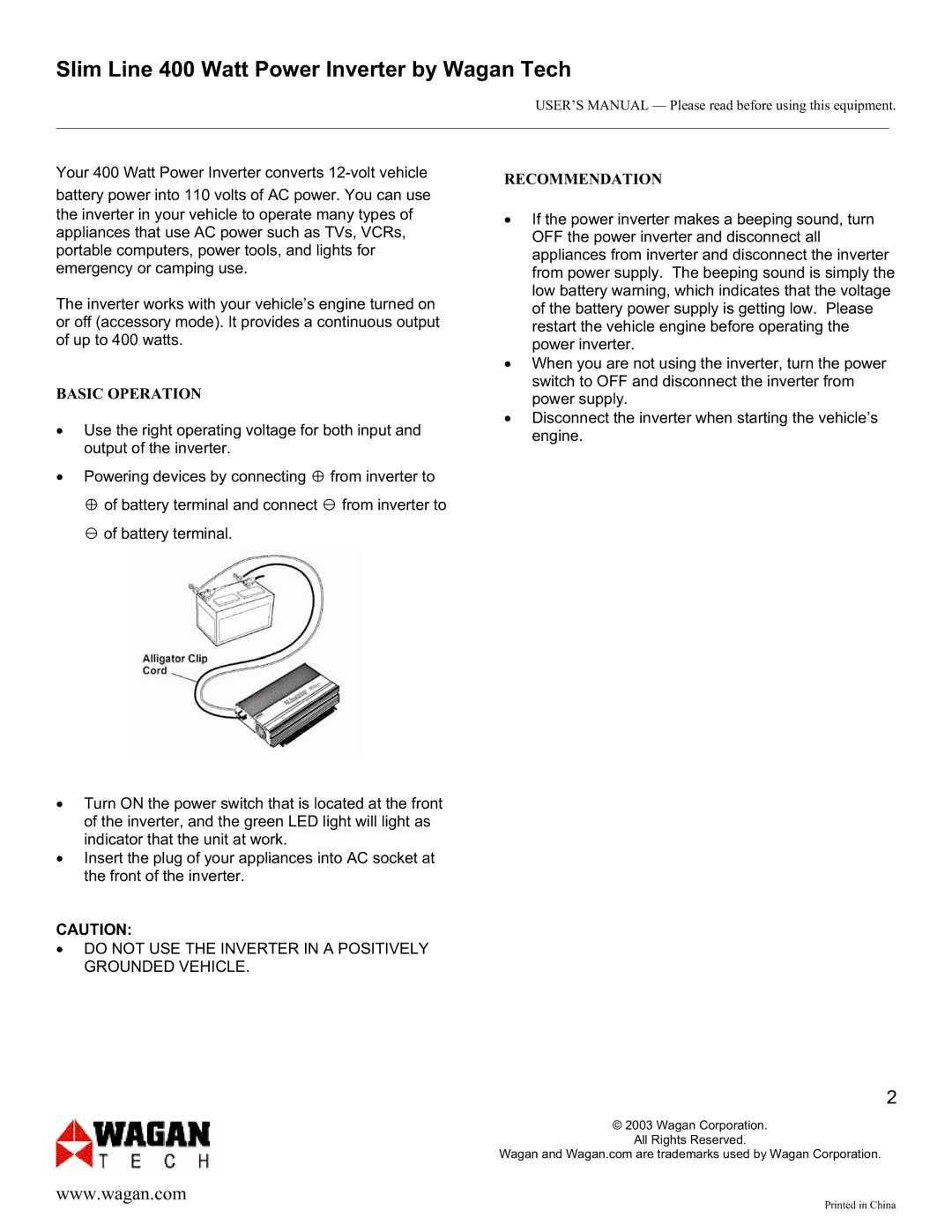 Wagan 400 watt user manual Basic Operation, Recommendation 