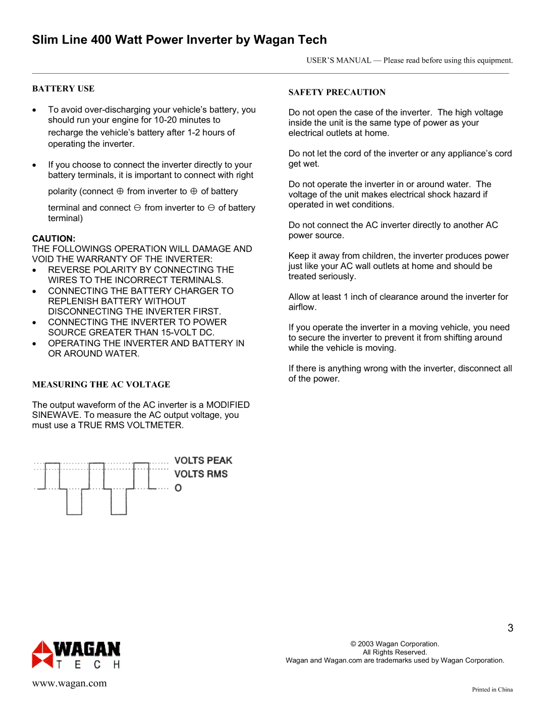 Wagan 400 watt user manual Battery USE, Measuring the AC Voltage, Safety Precaution 