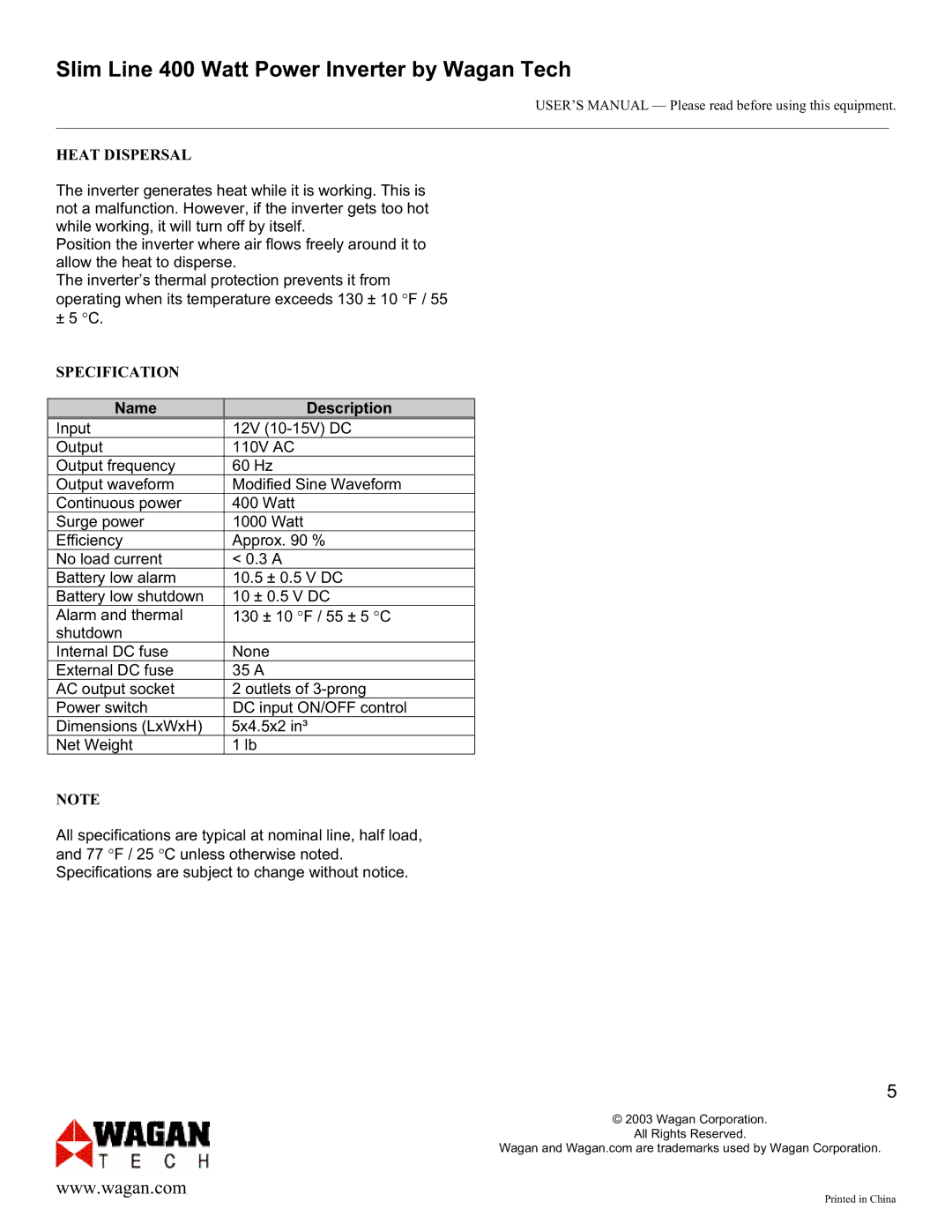 Wagan 400 watt user manual Heat Dispersal, Specification, Name Description 