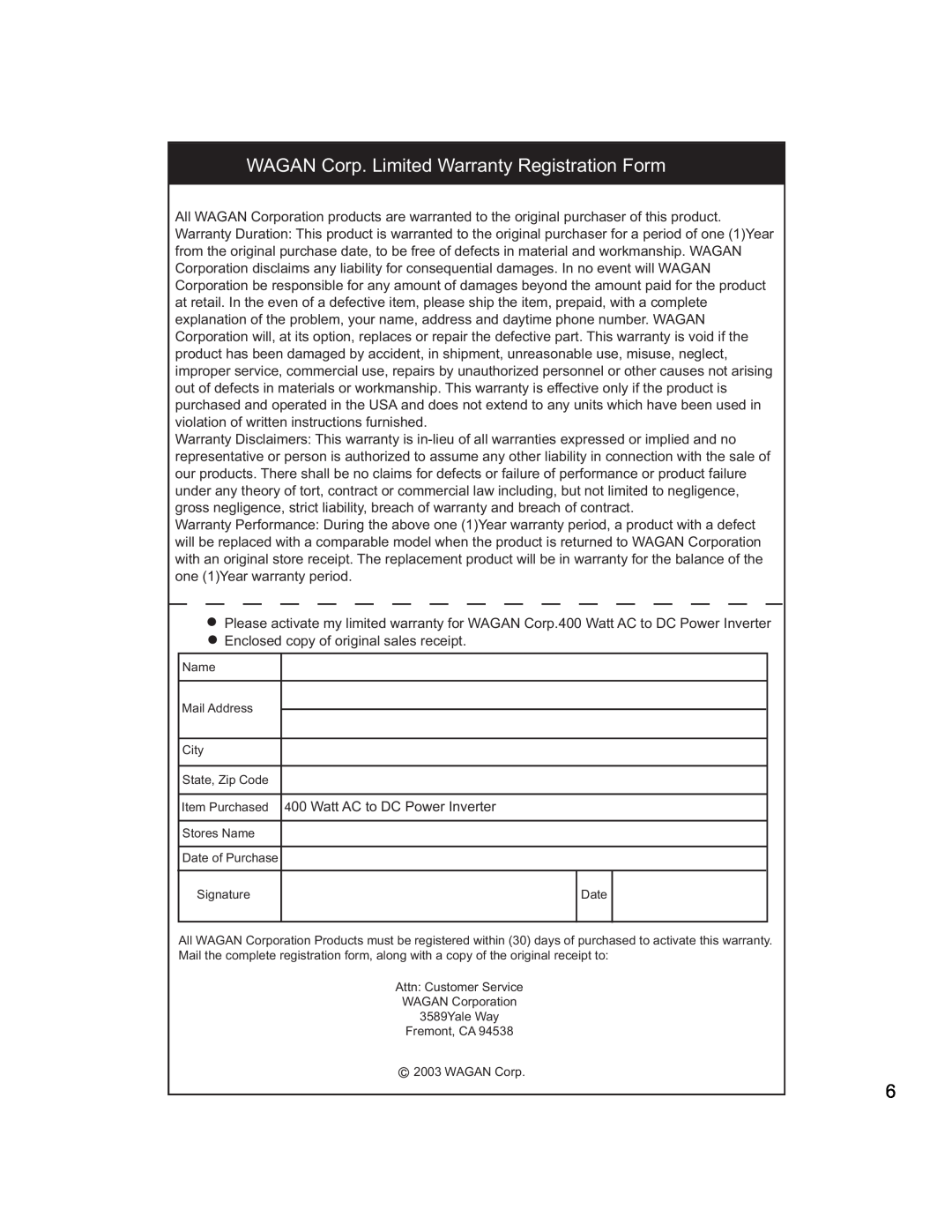 Wagan 400 watt user manual WAGAN Corp. Limited Warranty Registration Form 