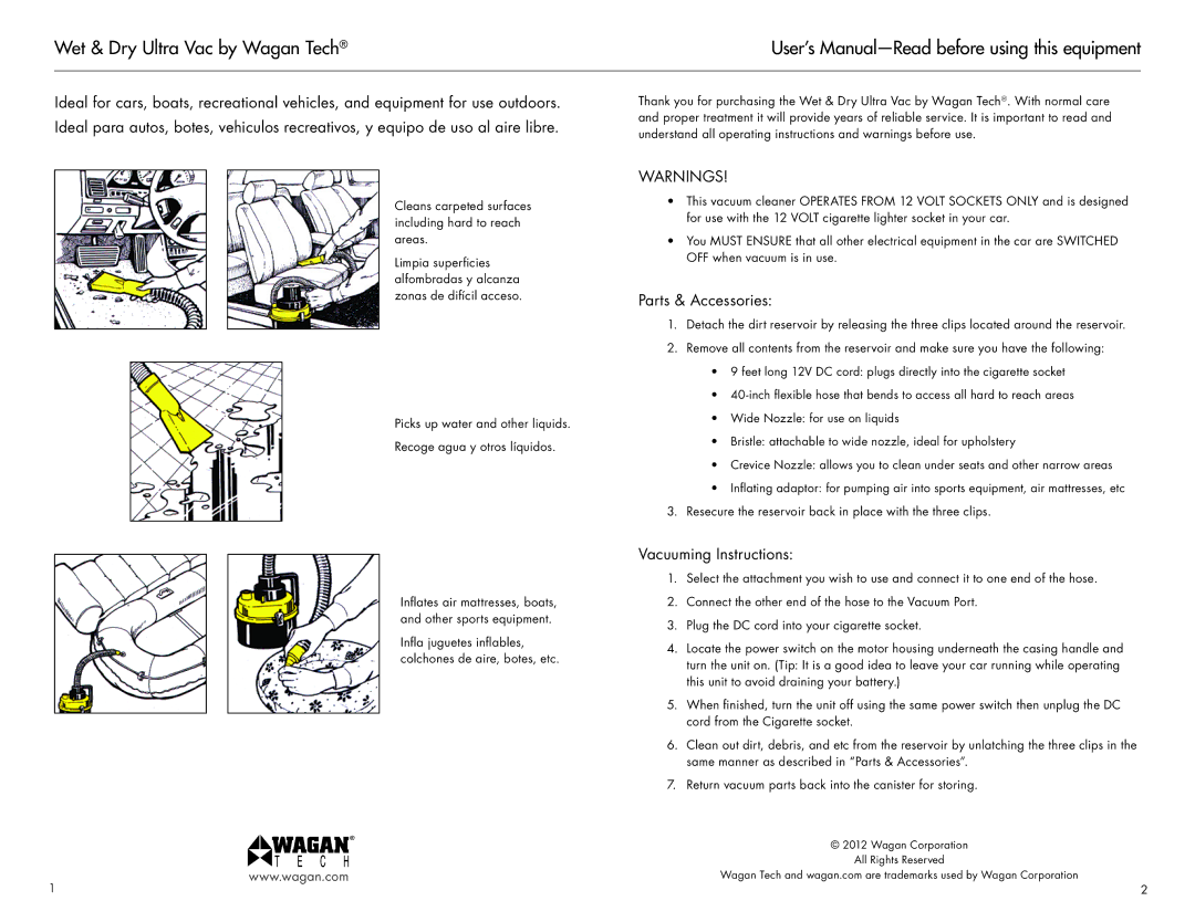 Wagan 750 user manual Wet & Dry Ultra Vac by Wagan Tech, Parts & Accessories, Vacuuming Instructions 