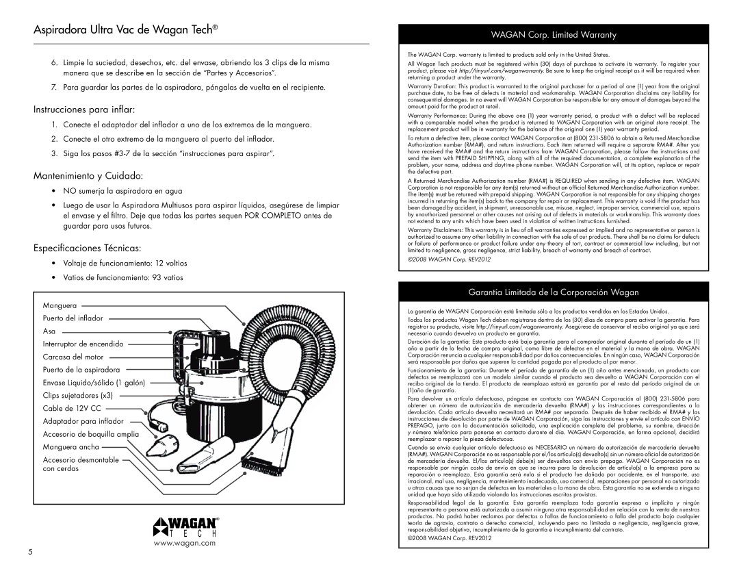 Wagan 750 user manual Aspiradora Ultra Vac de Wagan Tech, Instrucciones para inflar, Mantenimiento y Cuidado 