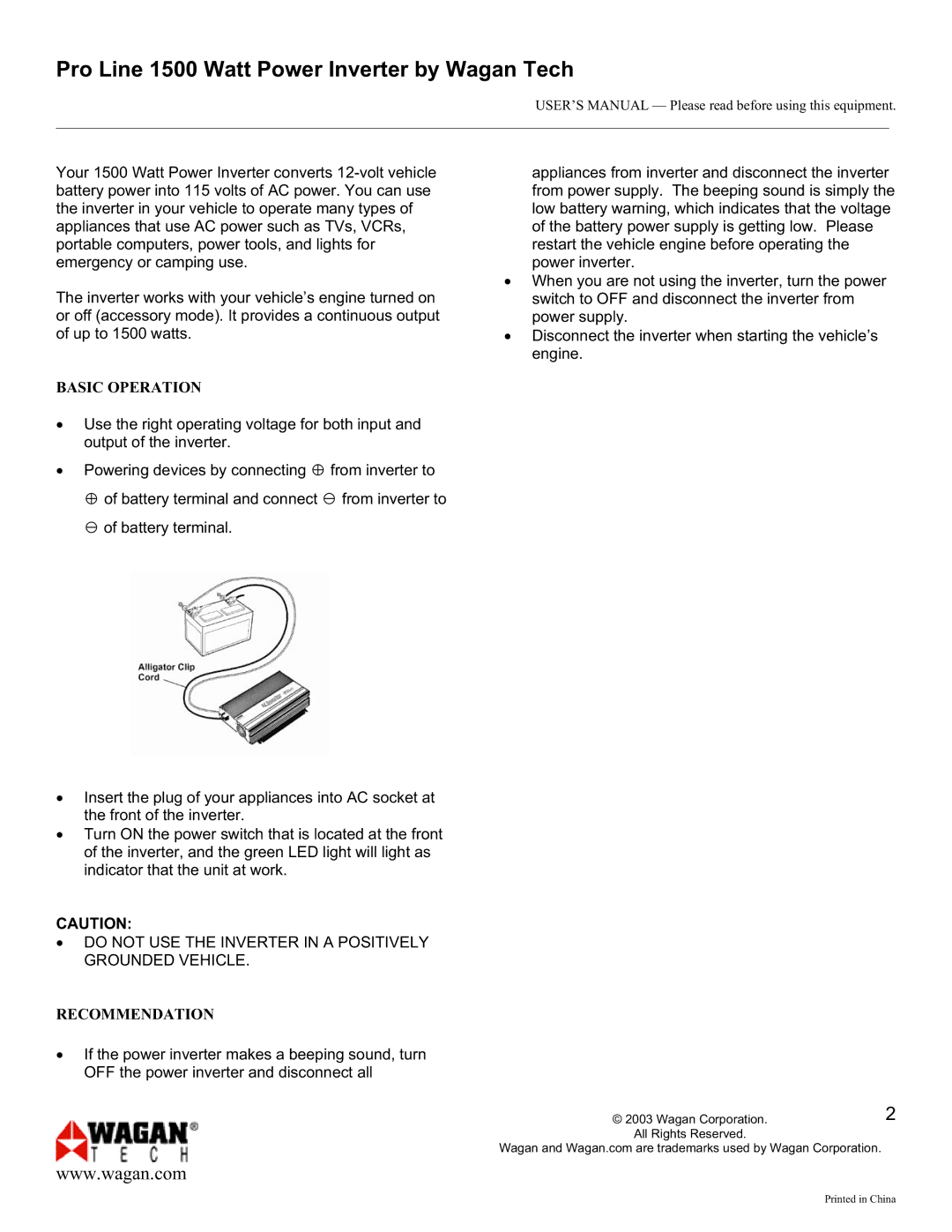 Wagan 9751 user manual Basic Operation, Recommendation 