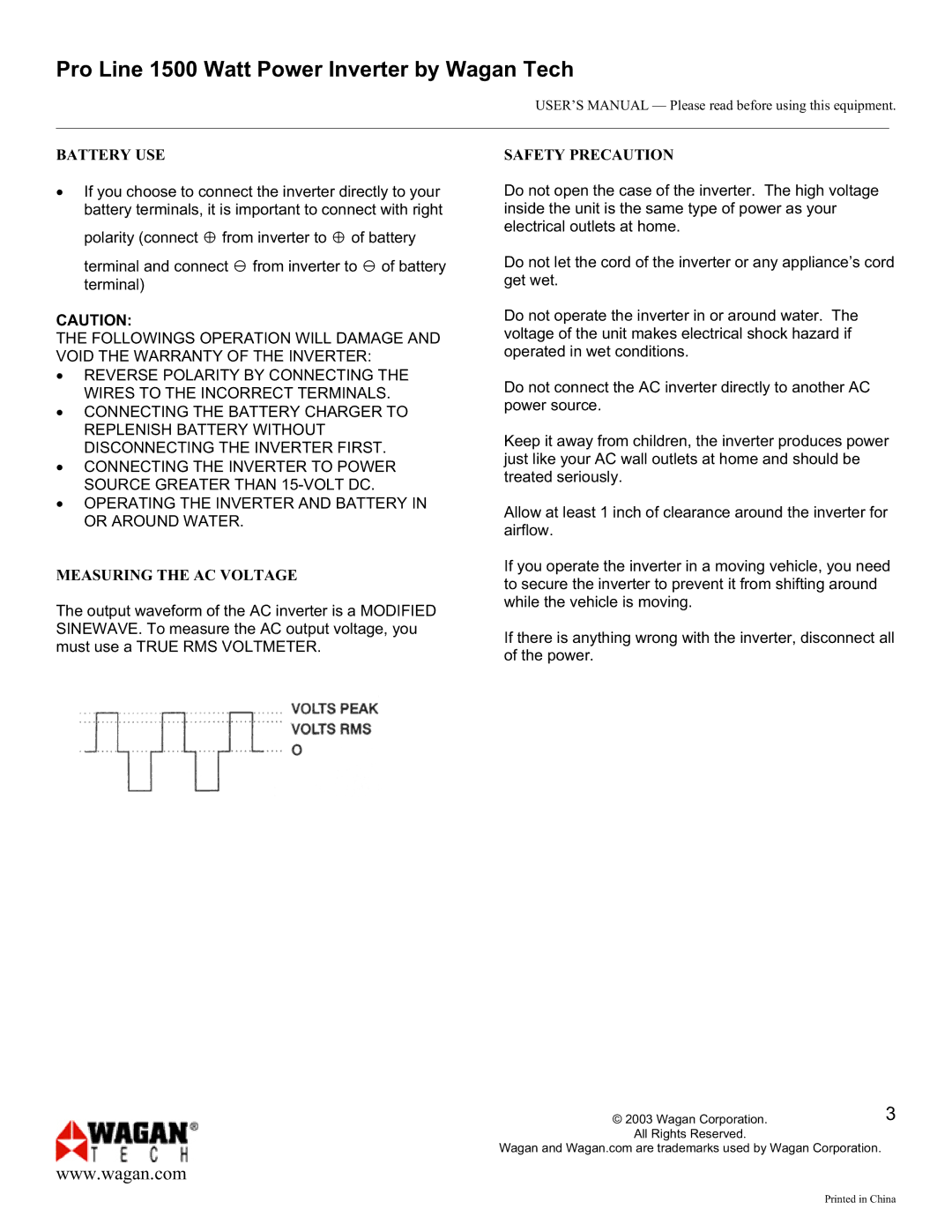 Wagan 9751 user manual Battery USE, Measuring the AC Voltage, Safety Precaution 