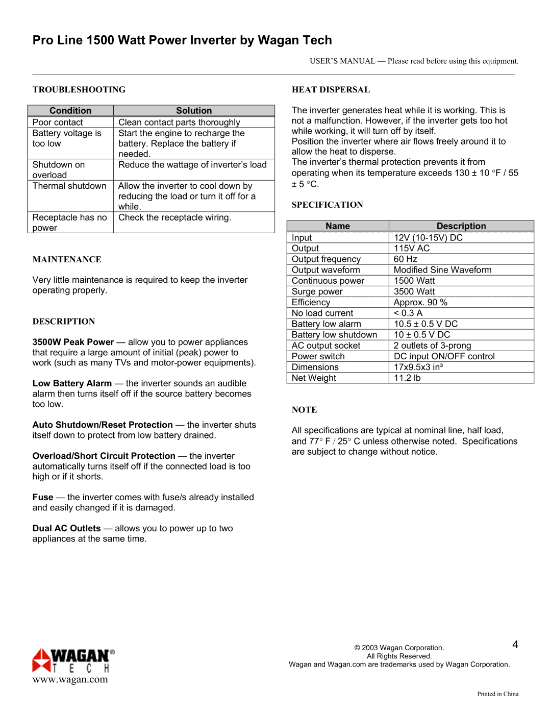 Wagan 9751 user manual Troubleshooting, Maintenance, Description, Heat Dispersal, Specification 