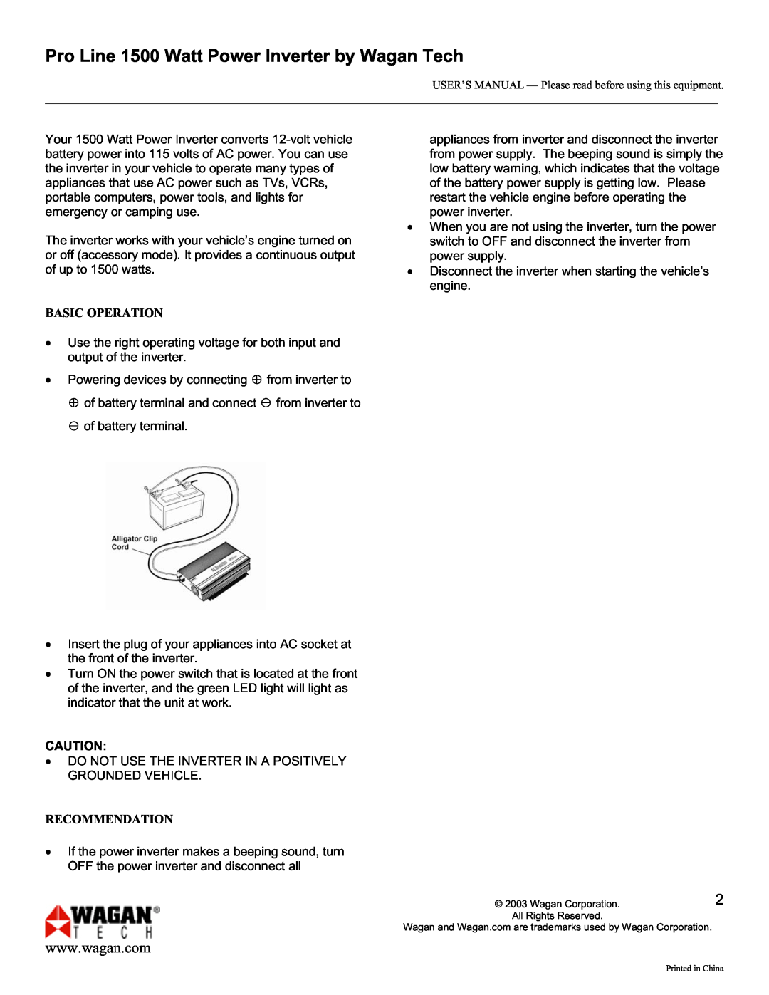 Wagan 9751 user manual Pro Line 1500 Watt Power Inverter by Wagan Tech, Basic Operation, Recommendation 