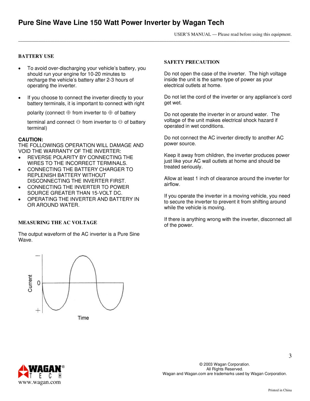 Wagan 9754 user manual Battery USE, Measuring the AC Voltage, Safety Precaution 