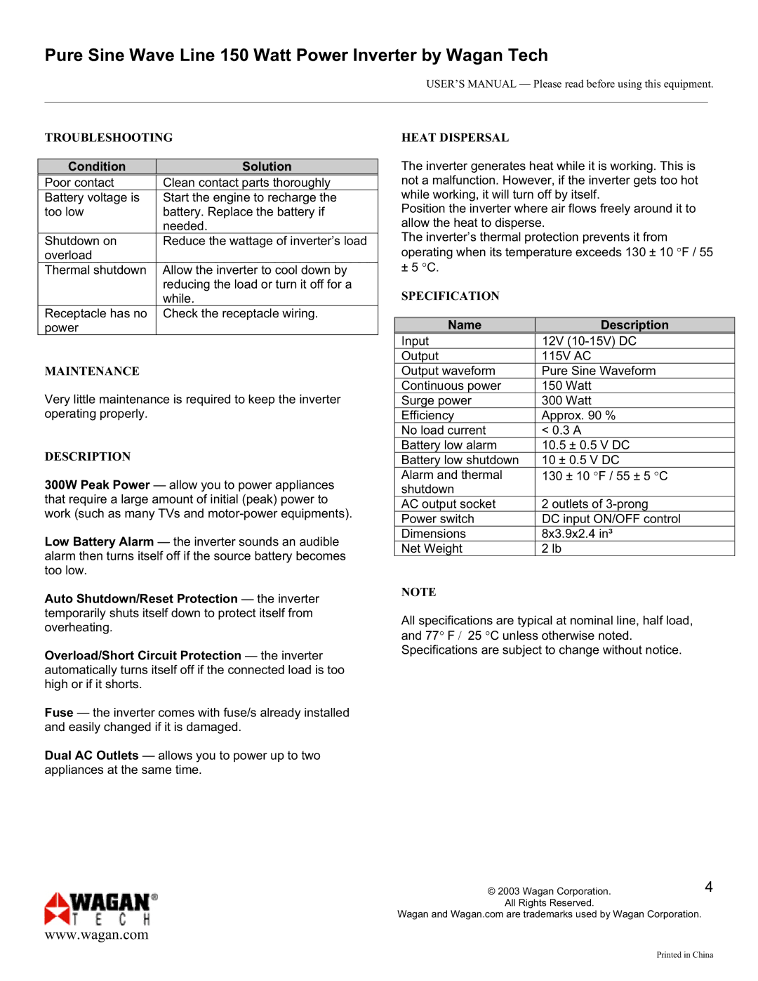 Wagan 9754 user manual Troubleshooting, Maintenance, Description, Heat Dispersal, Specification 