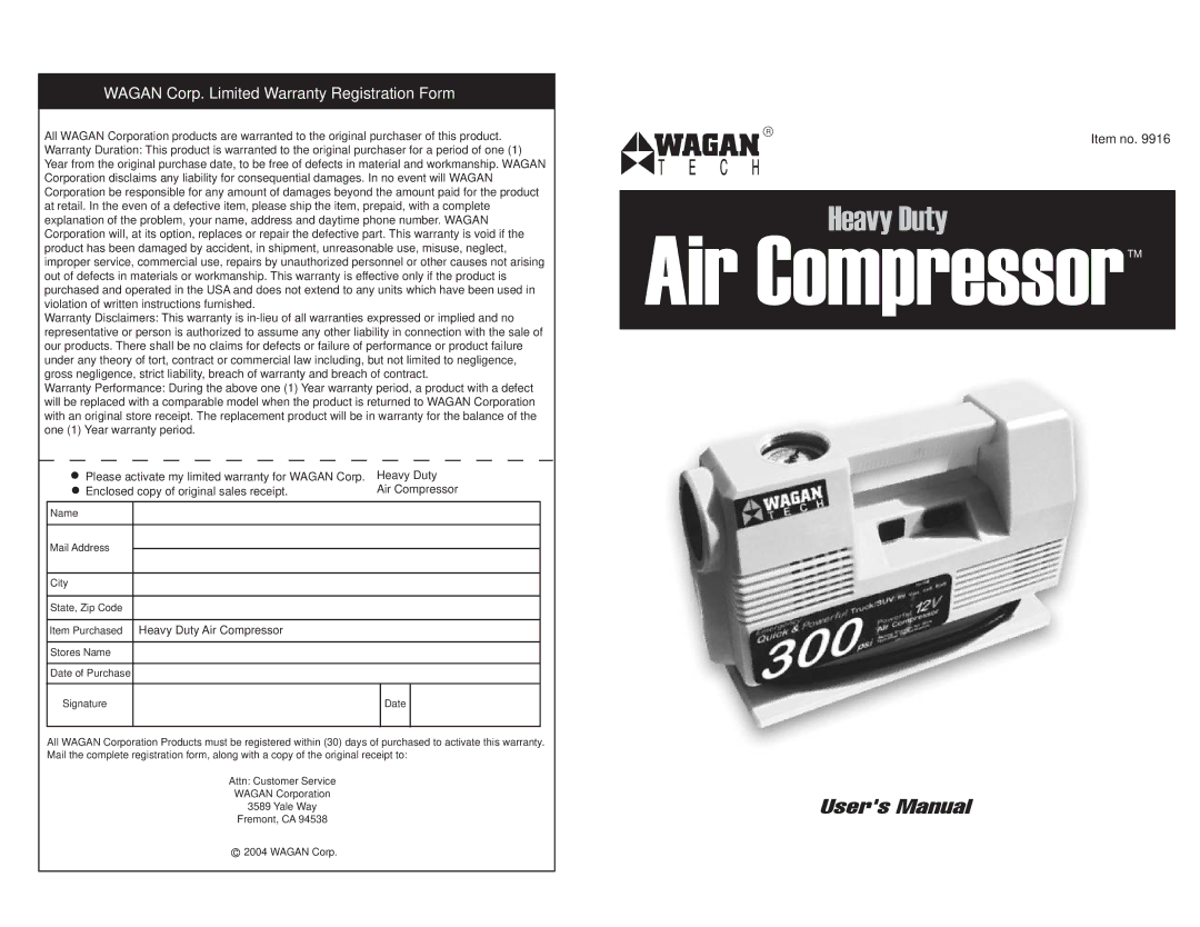 Wagan 9916 user manual Air CompressorTM 