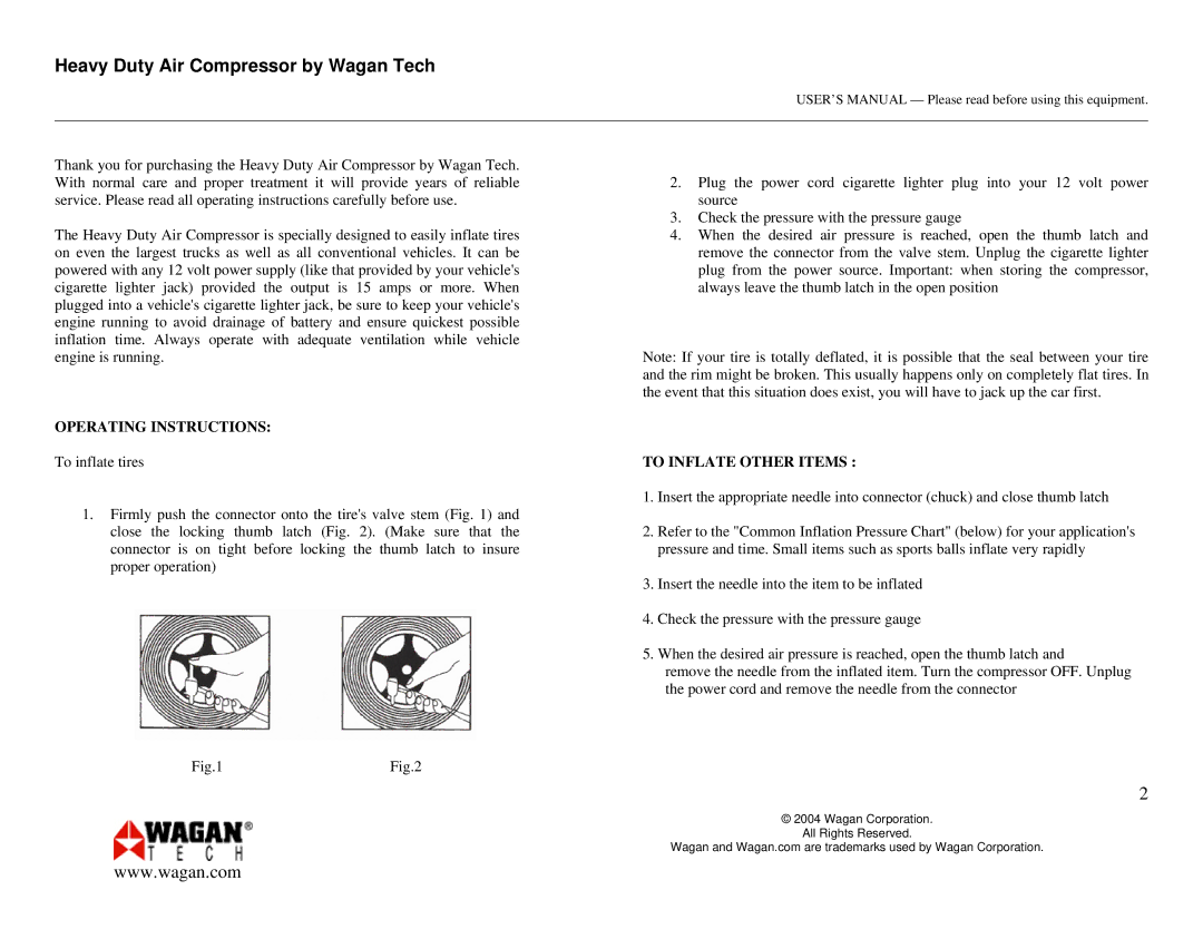 Wagan 9916 user manual Operating Instructions, To Inflate Other Items 