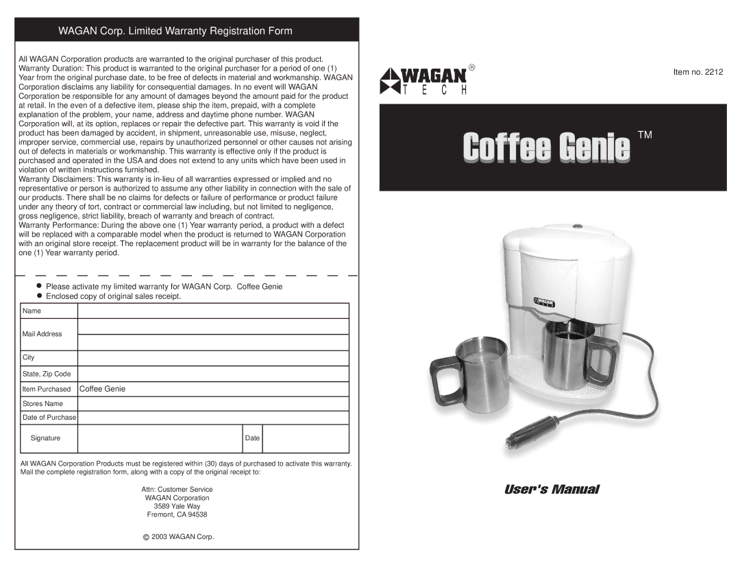 Wagan user manual Coffee Genie TM 