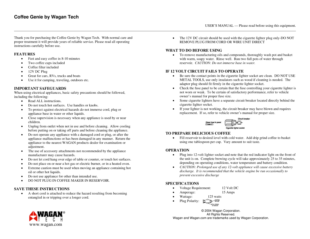 Wagan Coffee Genie Features, Important Safeguards, What to do Before Using, If 12 Volt Circuit Fails to Operate, Operation 