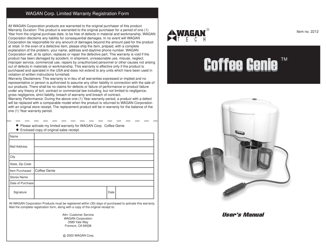 Wagan user manual Coffee Genie TM, WAGAN Corp. Limited Warranty Registration Form, Item no 