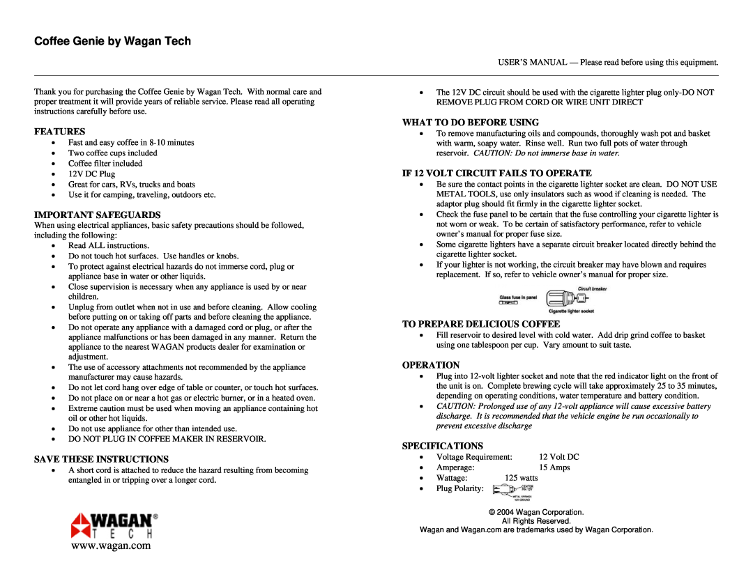 Wagan Coffee Genie by Wagan Tech, Features, Important Safeguards, Save These Instructions, What To Do Before Using 