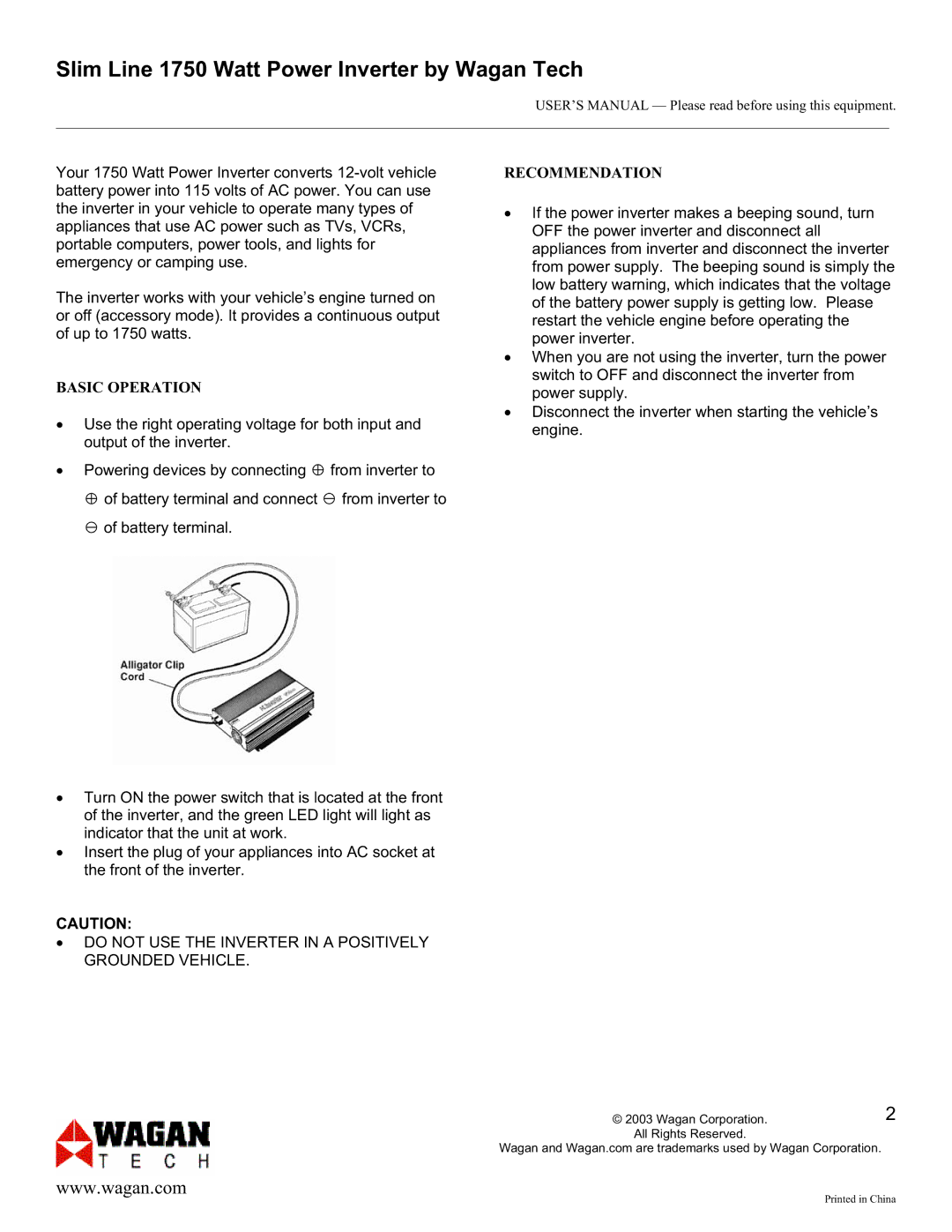 Wagan Inverter user manual Basic Operation, Recommendation 