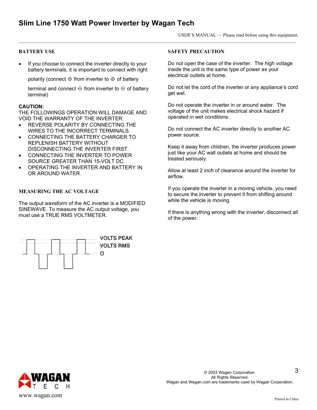 Wagan Inverter user manual Battery USE, Measuring the AC Voltage, Safety Precaution 